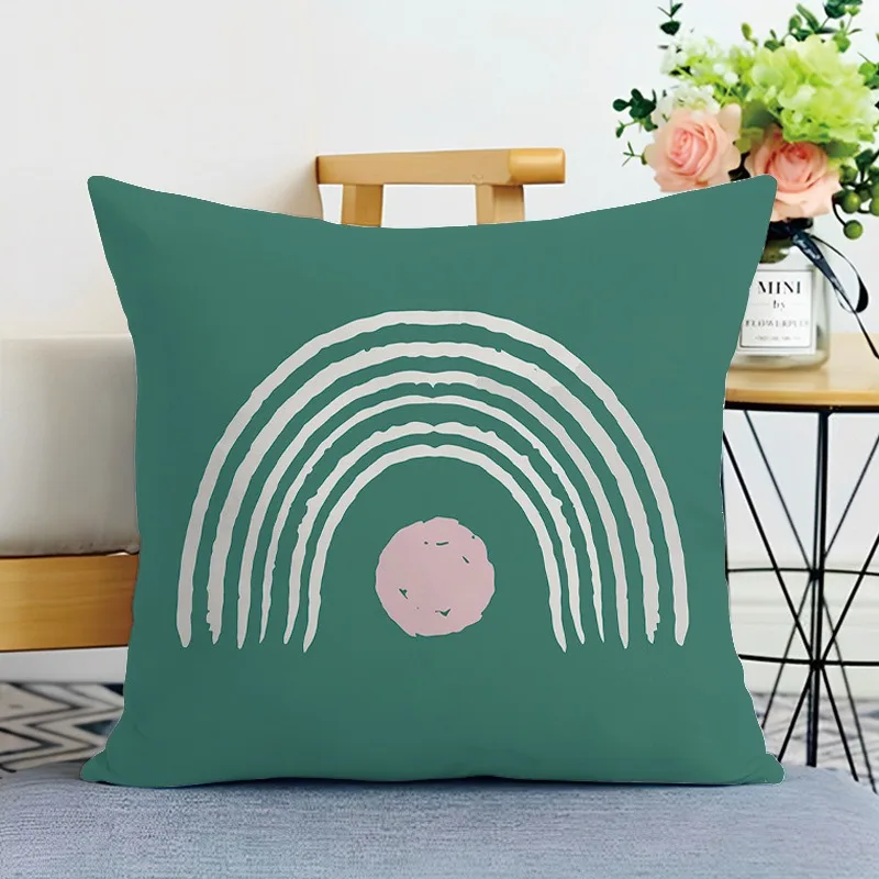 

Pink - Green Geometry Art Pillowcase, Heart/Wave/Rainbow Pattern, Girly Living Room Decor, No Insert
