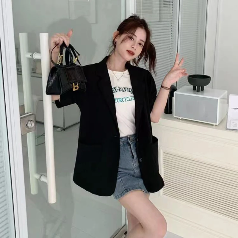 Fashion Lapel Button Spliced Pockets Casual Blazer Women Clothing Summer New Loose Solid Color Korean Tops All-match Blazer
