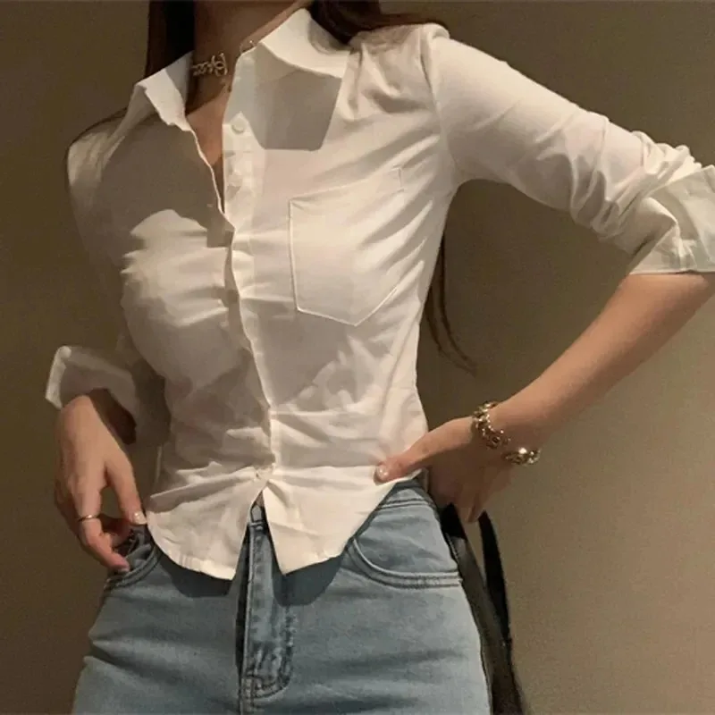 2025 novo feminino coreano branco escritório feminino chiffon camisa bolso botão lapela senhoras blusa primavera commuter manga longa colheita topos