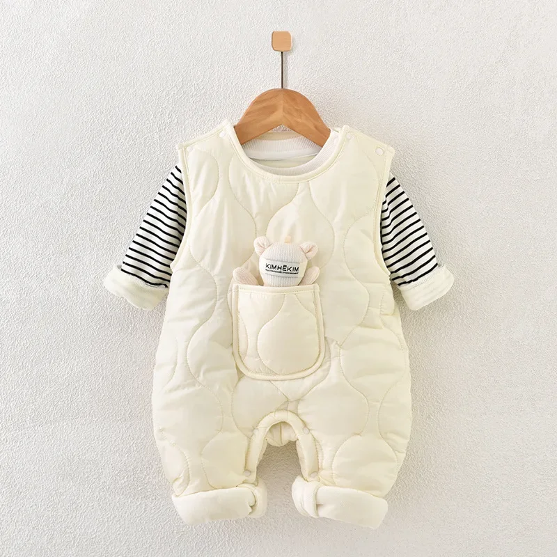 Autumn Winter Baby Boy Girl Rompers Newborn Plush Thick Cotton Set Warm Striped Top+Jumpsuit with Doll 2pcs Casual Baby Clothes