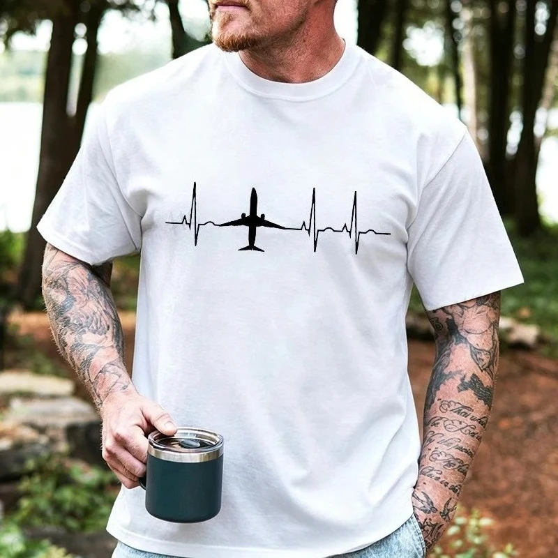 Men Airplane Heartbeat Graphic T Shirt Short Sleeve Tees Airline Pilot Plane Travel Enthusiast Loose Oversize Casual Tshirt Gift
