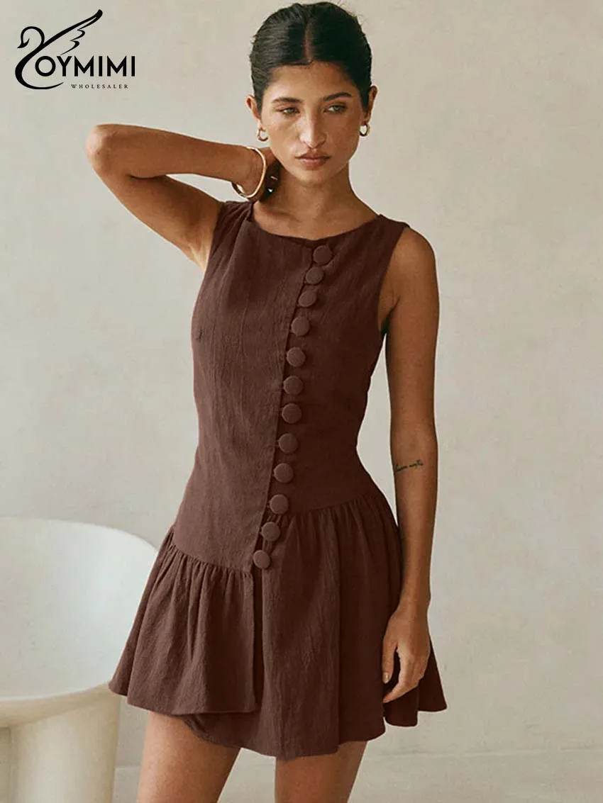 فساتين Oymimi Fashion من القطن البني للمرأة أنيقة برقبة دائرية بدون أكمام فساتين واحدة الصدر للخريف فستان قصير بطيات للسيدات