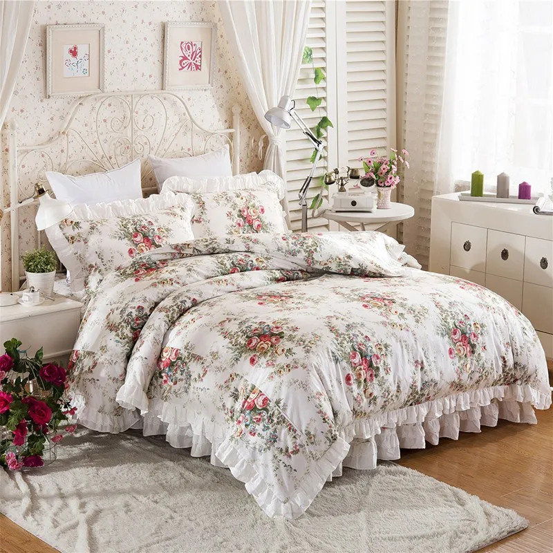 

Elegant Vintage Rose Floral Bedding 100%Cotton Ruffle Exquisite Craft Duvet Cover Bedskirt Pillowcases Double Queen King 4/6Pcs