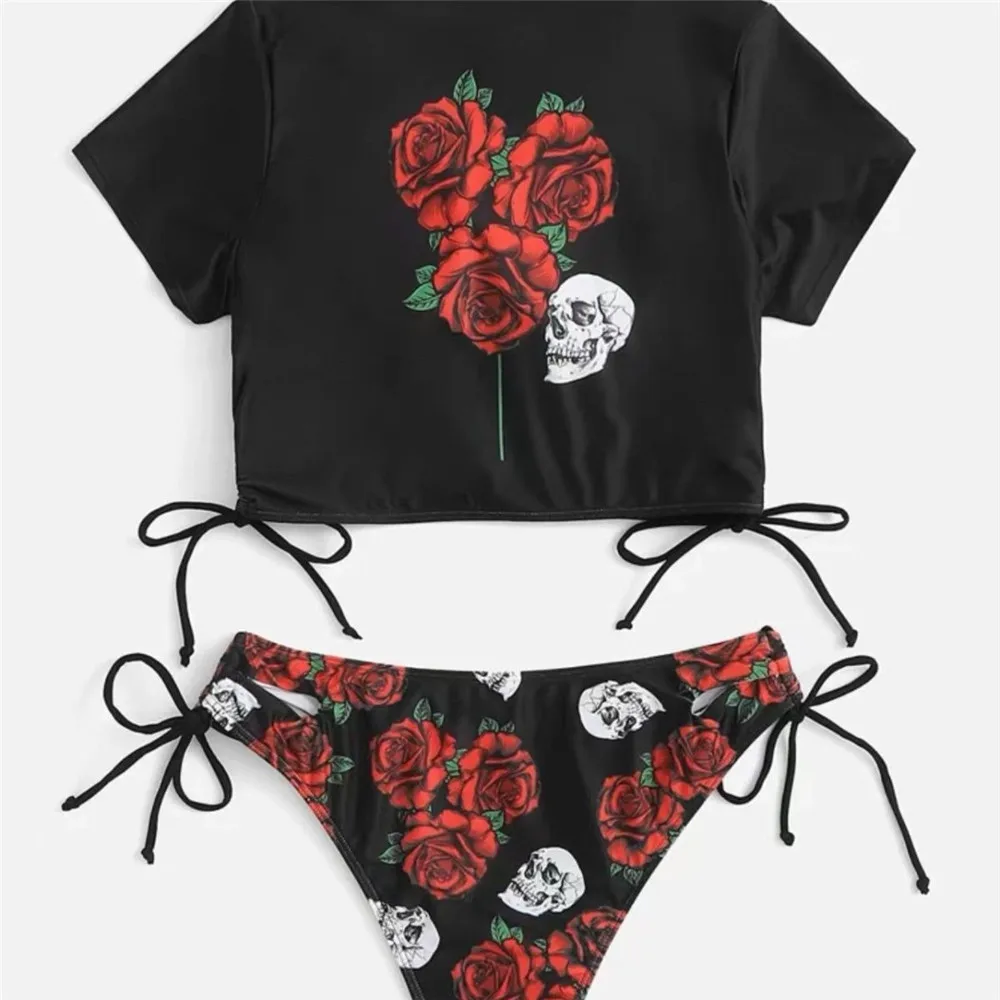 2024 Summer Swimsuit Spicy Girl High end Instagram Skull Devil Rose Drawstring Split Bikini Printed Swimsuit