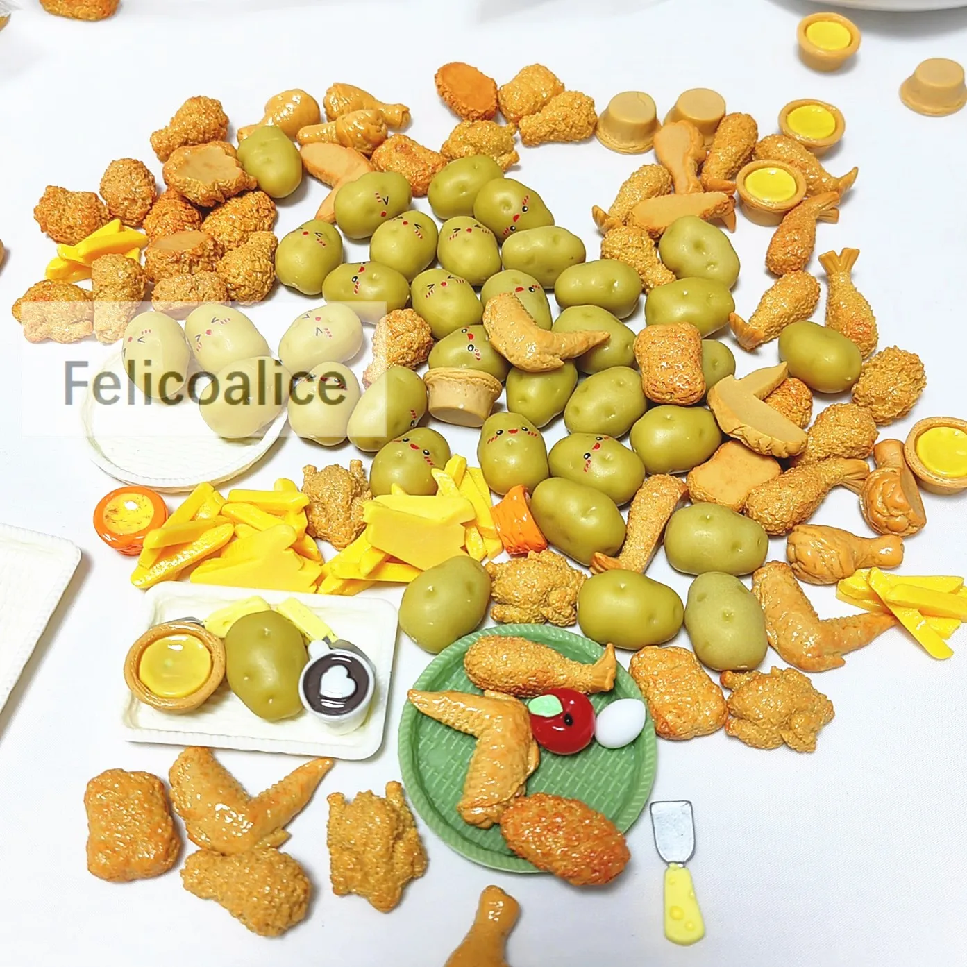 8pcs 1:6 Simulated Miniature Food Resin Potato Figurines Fried Chicken with Fries For Dollhouse Kitchen Toys