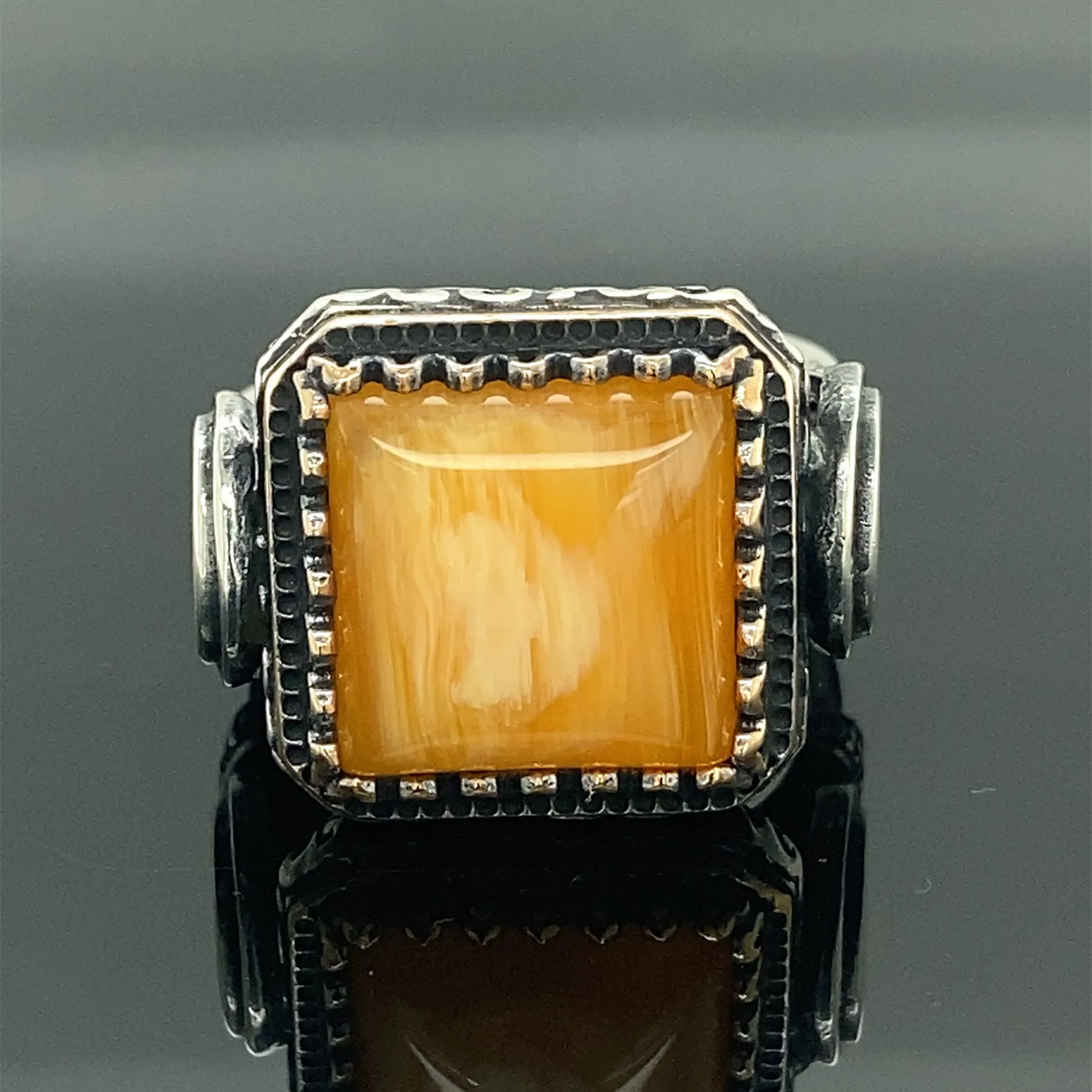 Amber Stone Ring , Men Silver Honey Amber Stone Ring , Square Design Ring , Ottoman Jewelry , 925 Sterling Silver Ring