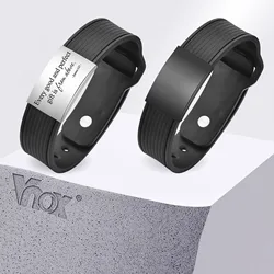 Vnox-Pulseira de aço inoxidável ajustável para homens, pulseira de silicone de borracha preta, gravura livre Presente, adolescentes e meninos