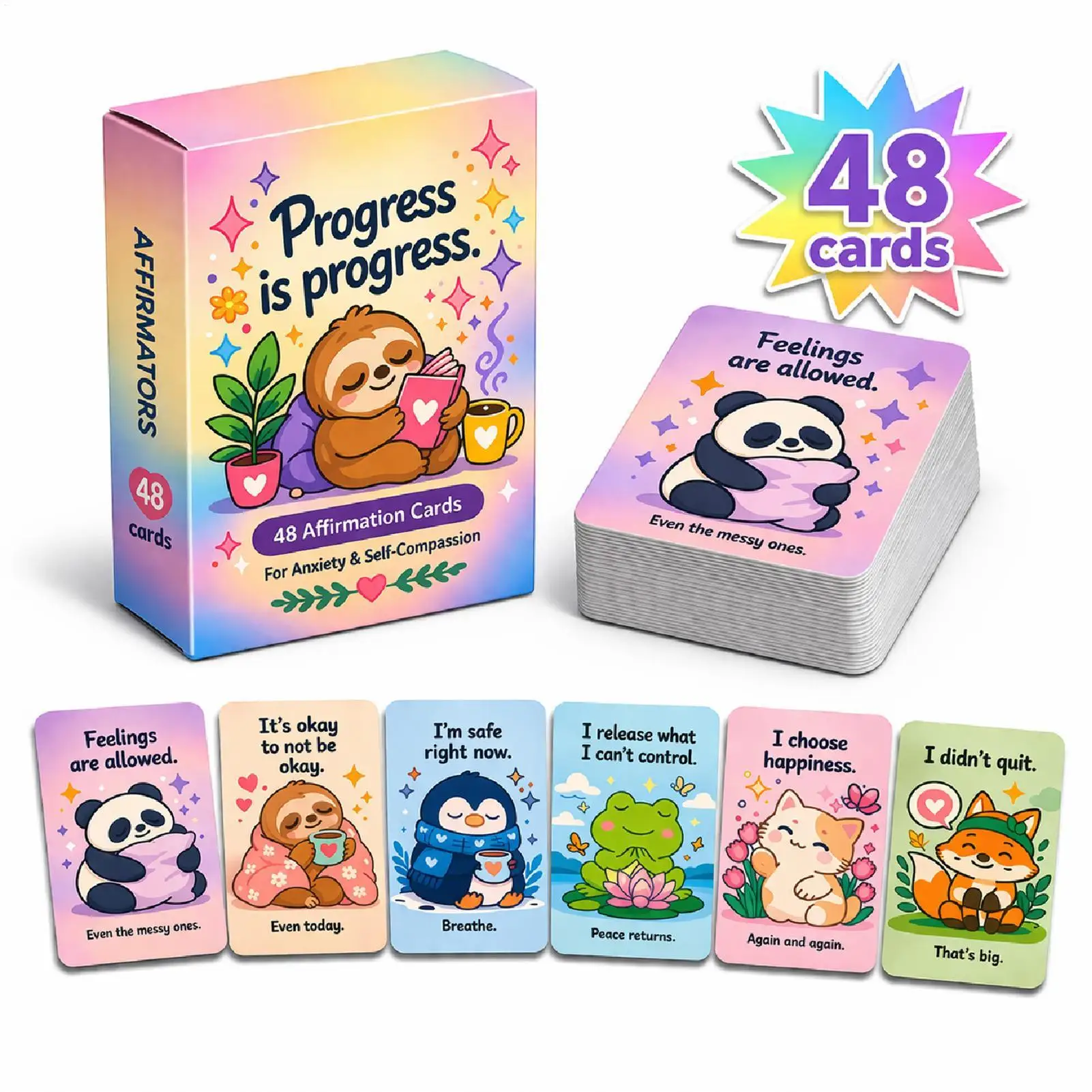 48Pcs Affirmation Cards Kids Inspirational Daily Motivation Art Self Care Positivity Cute Animal Empowerment Meditation Kit