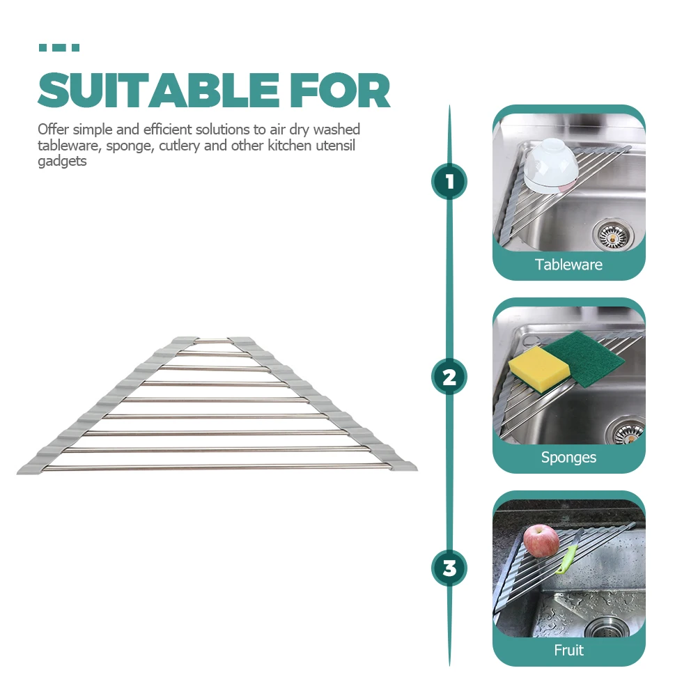 

Triangle Stainless Steel Sink Drying Rack Roll Up Dish Drainer Light Grey Foldable Sponge Strainer TPE Material Hollow Out Holes