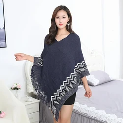 2024 Spring Autumn New Fashion Large Tassel Irregular Shawl Coat Pullover Cloak Women Wear Lady Poncho Capes Blue