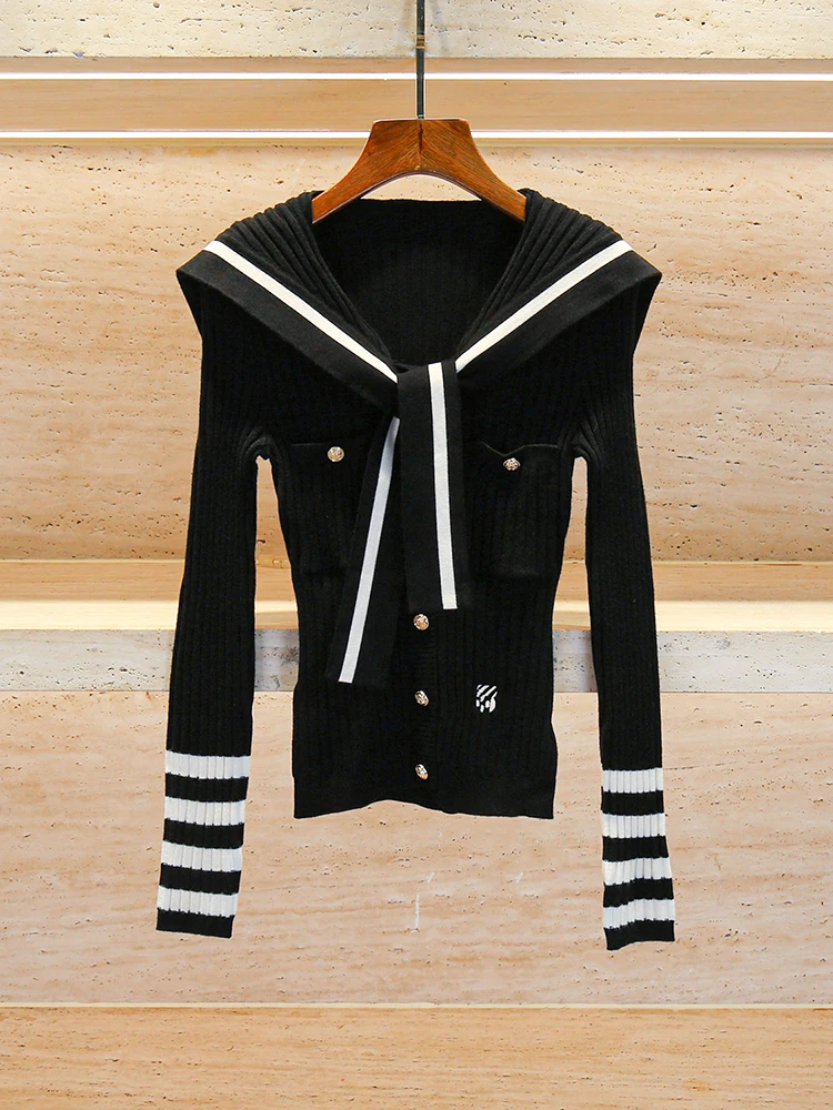 

Высококачественный женский темно-синий облегающий полосатый трикотаж с воротником и поясом, осенний студенческий топ European Faion Long Sve