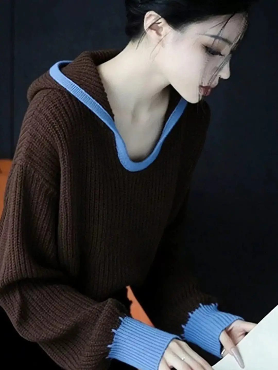 Laid-back Style Color Block Collar Long Sleeve Sweater Autumn New Fashion Youthful Inner Wear Casual Knitted Top for Women