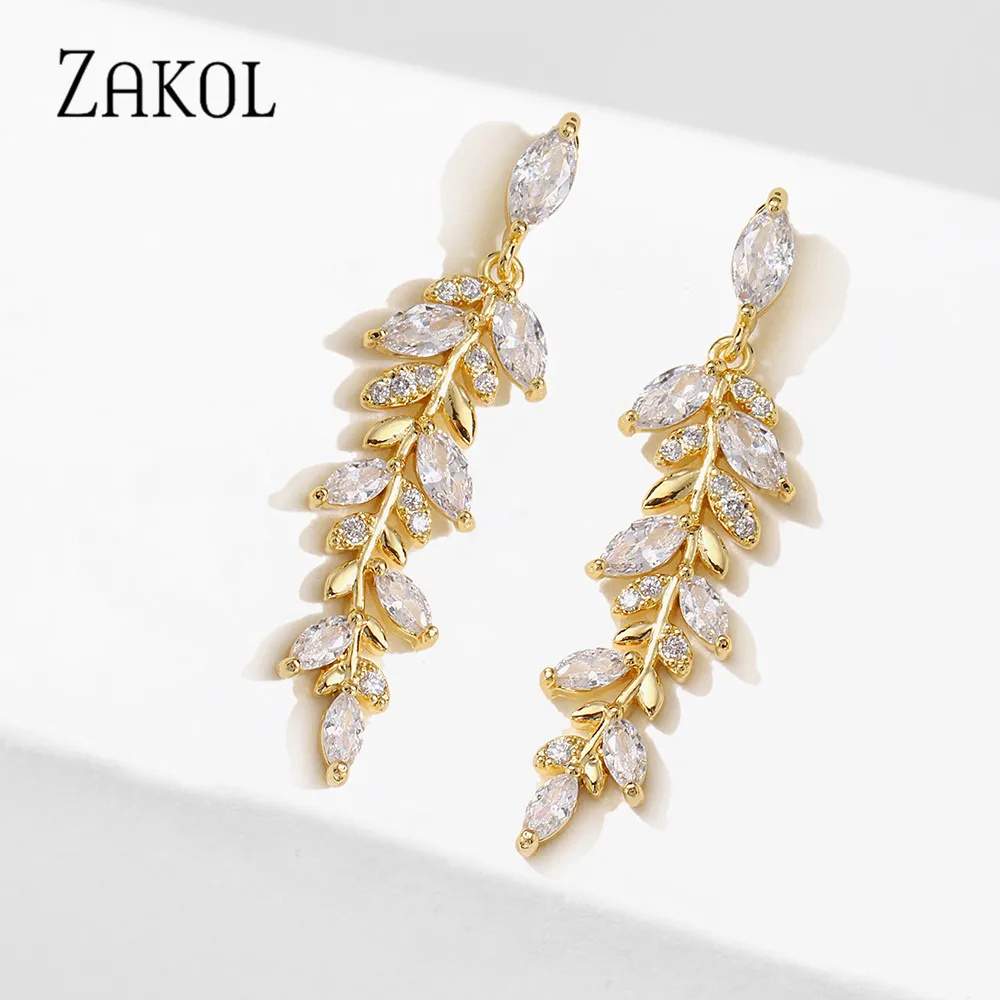 ZAKOL Charm Gold Color Leaf Earrings for Women Exquisite Tiny Zirconia Dangle Earring Elegant Korean Crystal Wedding  Jewelry