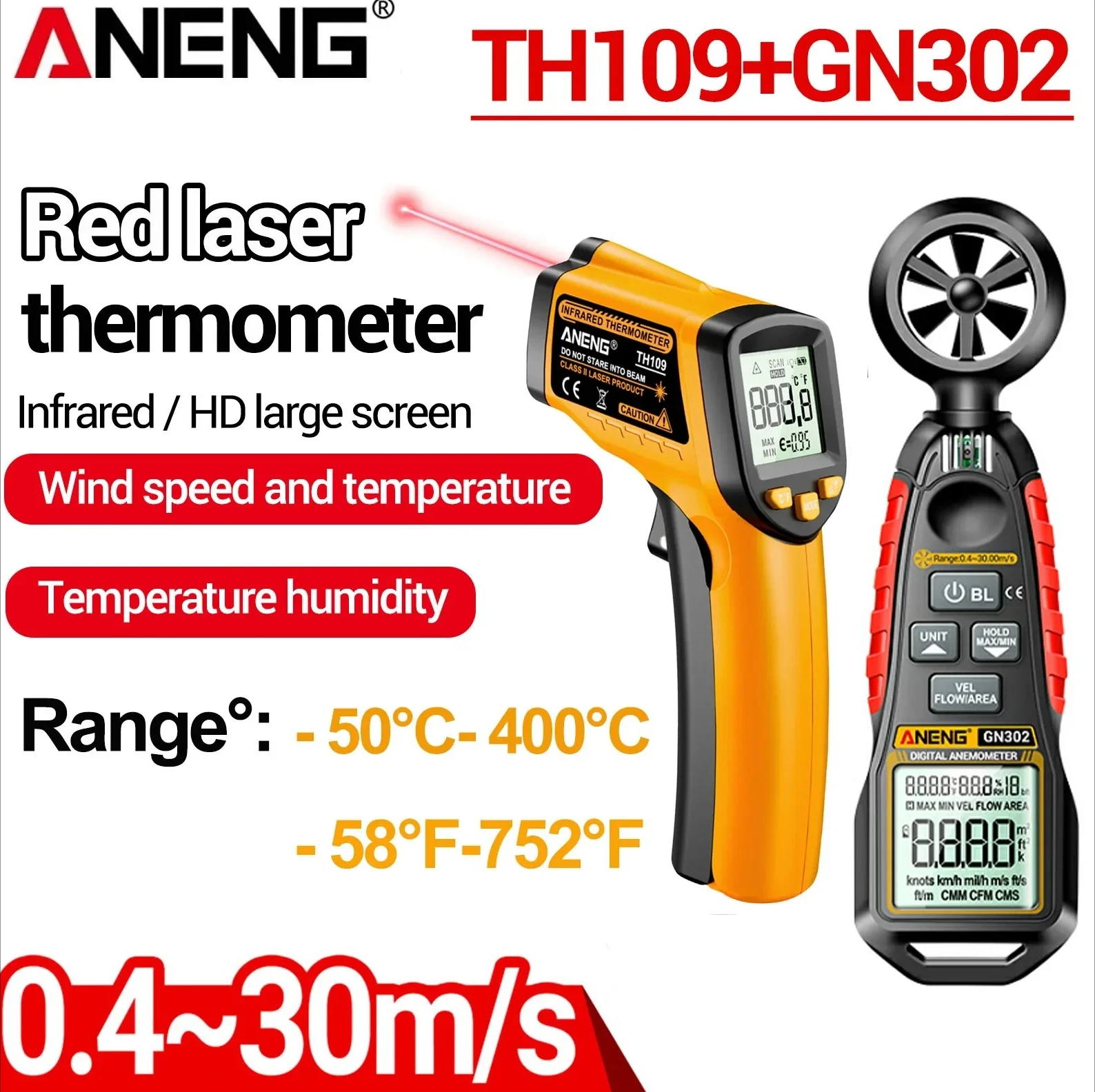 

Digital Laser Infrared Thermometer -50℃-400℃ Portable ANENG TH109+GN302 Anemometer Handheld Wind Speed Meter Industrial Kit Tool