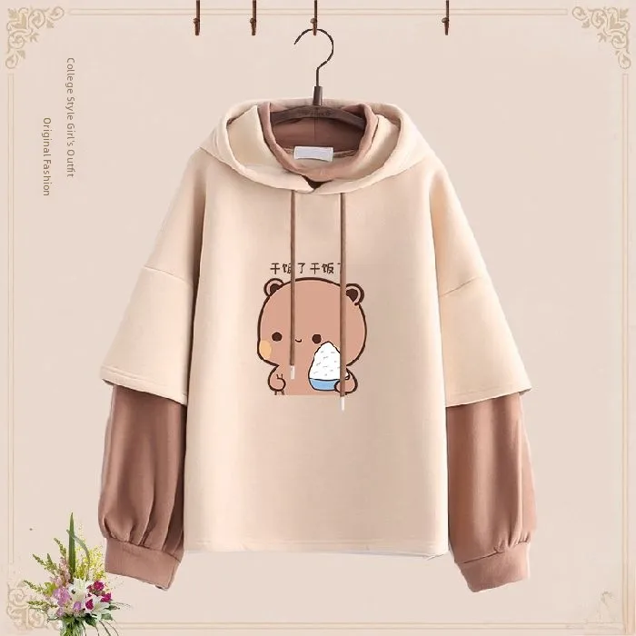

Korean Style Spring Autumn Long Sleeve Hoodie Fake Two-Piece Sweet Cute Fashionable Versatile Women's Sweatshirt College Swee...