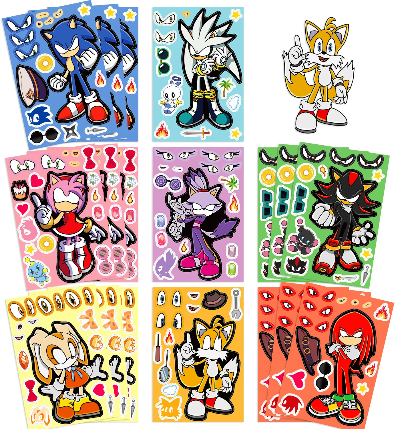 8 Sheets Anime Sonic The Hedgehog Puzzle Stickers Kawaii Make A Face Book Stickers Cute Cartoon DIY Funny Sticker Toy Kids Gift