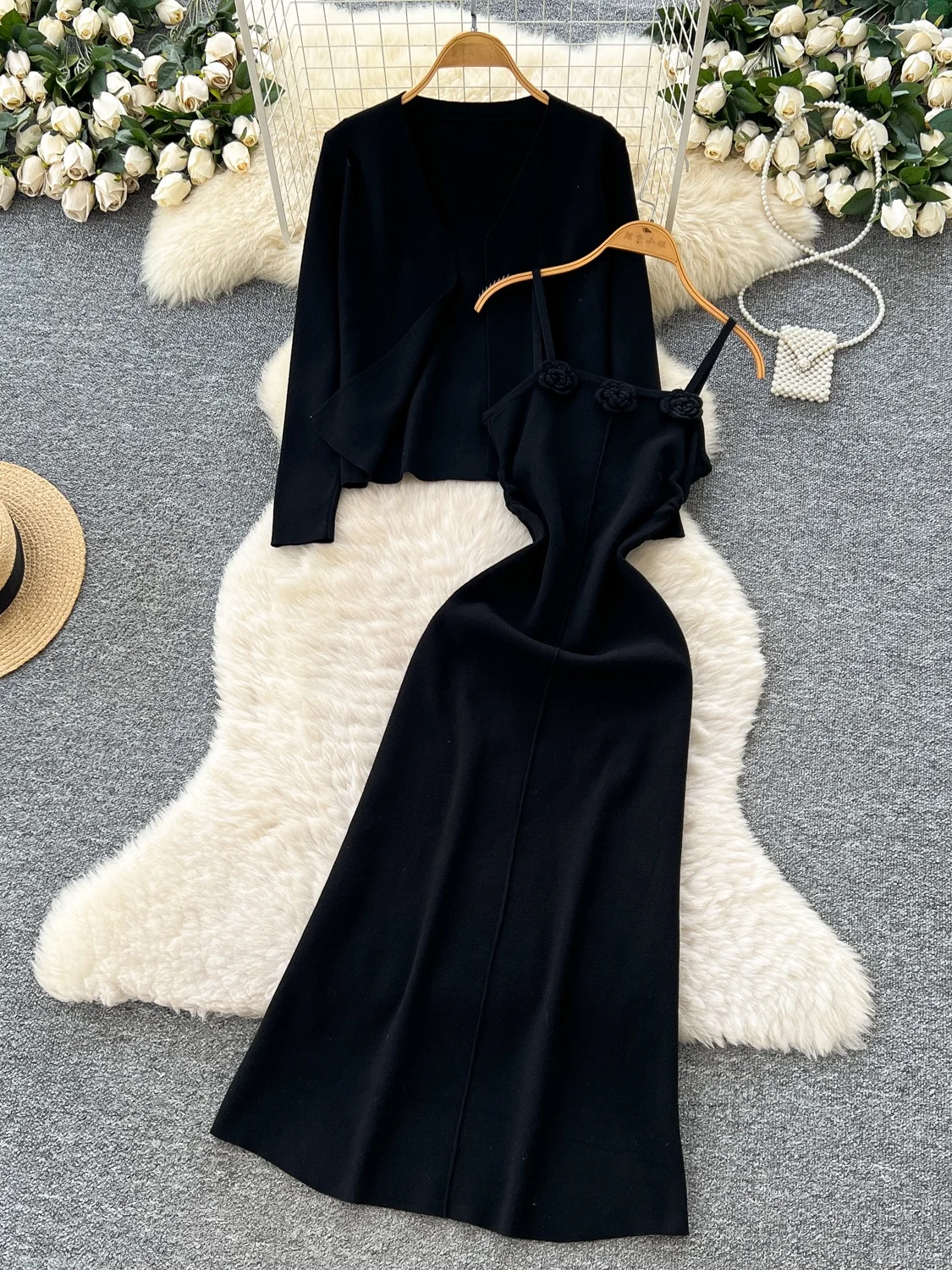 Fall Faion Elegance Women's Pure Desire 3D Flower Print Knitted Dr with Long Sve Outerwear Two-Piece Set Casual Workwear