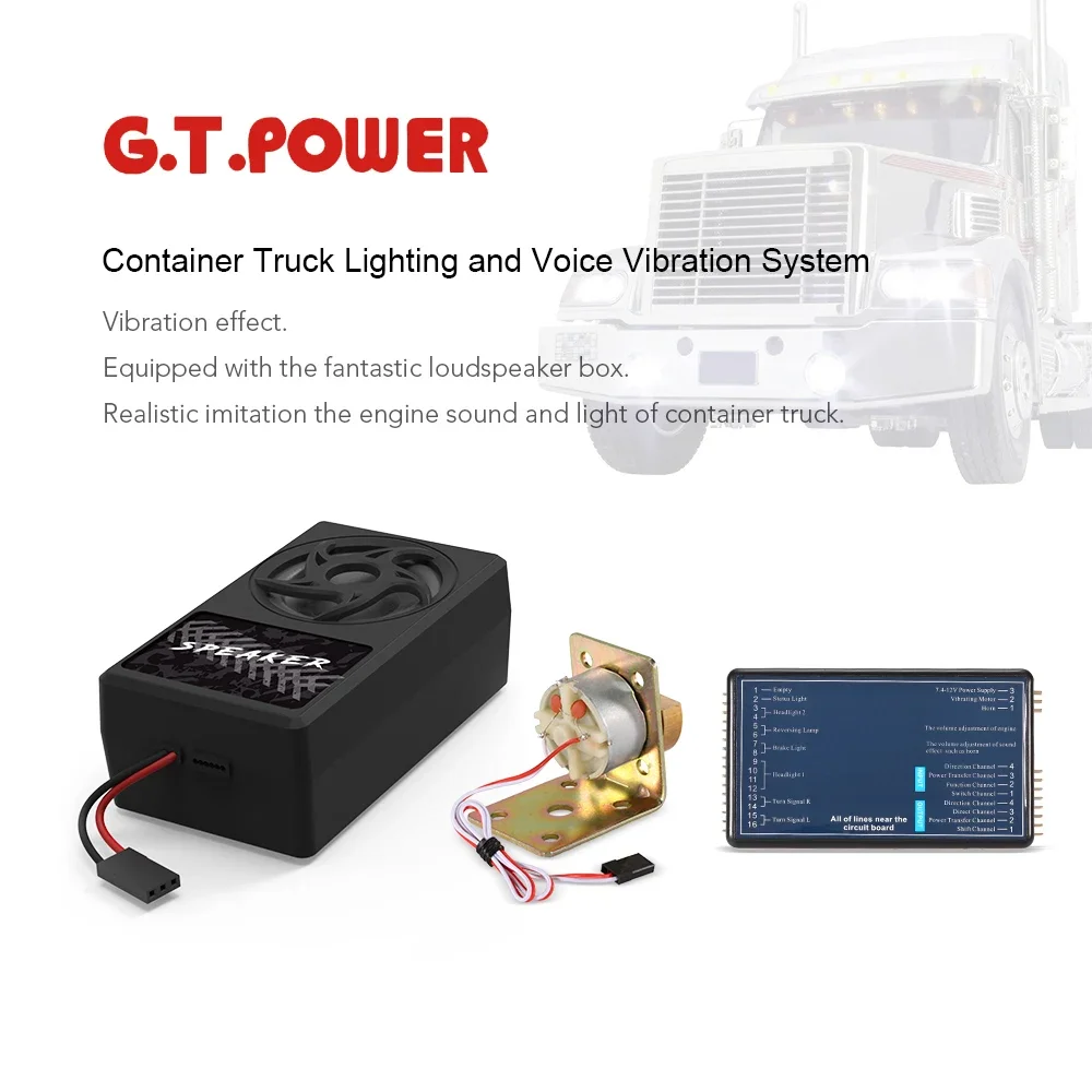 Système d'éclairage et de vibrations vocales pour camion container GT POWER original pour voitures de camions RC