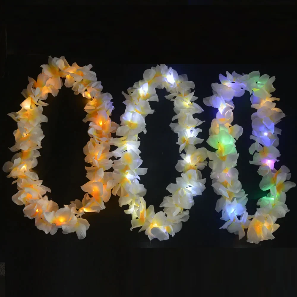 10pcs Kids Adult White Hawaiian Leis Tropical Glow Party Light Up Flower Necklace Headband with LED Lights Wedding Festival