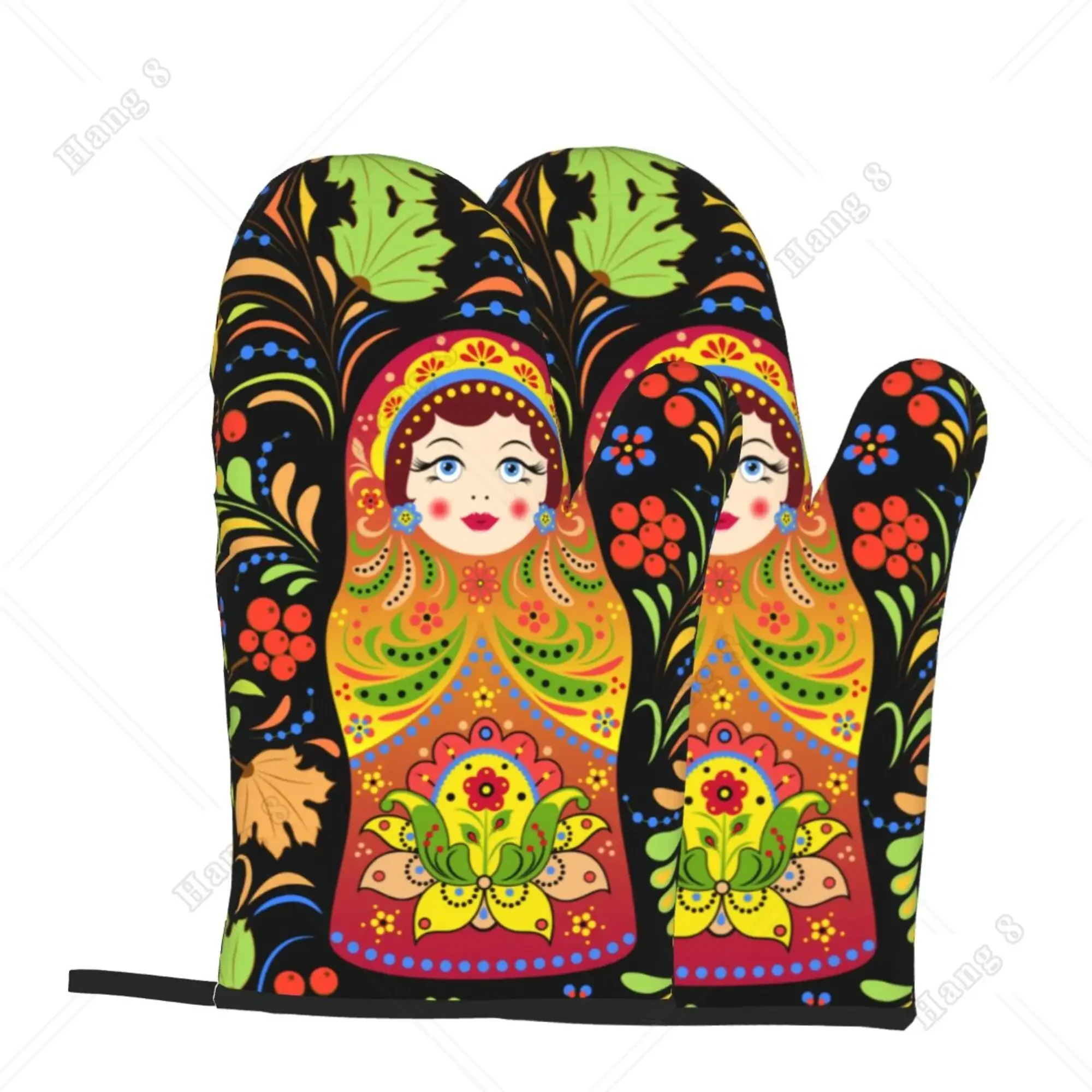 Fashion Print Russian Babushka Matryoshka Doll Set of 2 Kitchen Gloves Women Men Oven Gloves Heat Resistant for BBQ Cooking