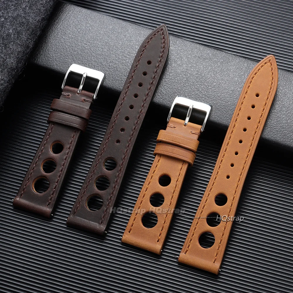 Breathable Porous Leather Watch Band 18mm 20mm 22mm 24mm Universal Cowhide Bracelet Quick Release Business Stitching Watch Strap