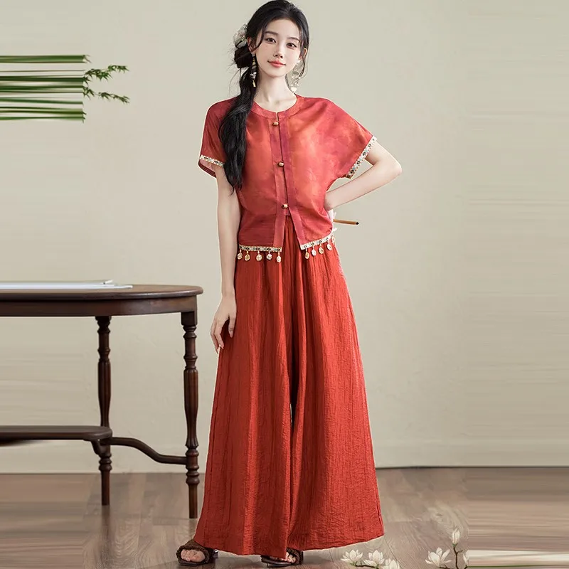 

2 Piece Sets Women Casual Pant Suits New 2024 Summer Chinese Style Vintage Solid Color Female Shirt And Wide Leg Pants W1866