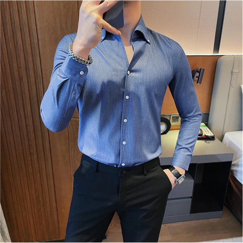 High Quality Denim Blue Business Casual Shirt for Men Long Sleeve Slim Fit Lapel Shirt Social Party Streetwear Shirts 2023