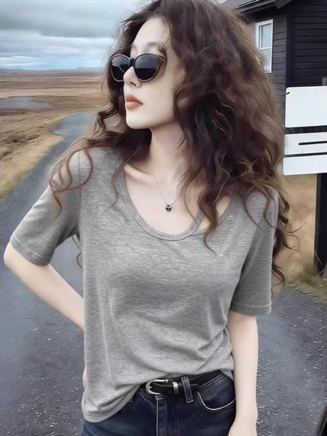 

plus Size Loose U-Neck Hollow Short Sleeve T-Shirt Summer Slimming Top Overhead for plus Size Women Breathable Skin-Friendly