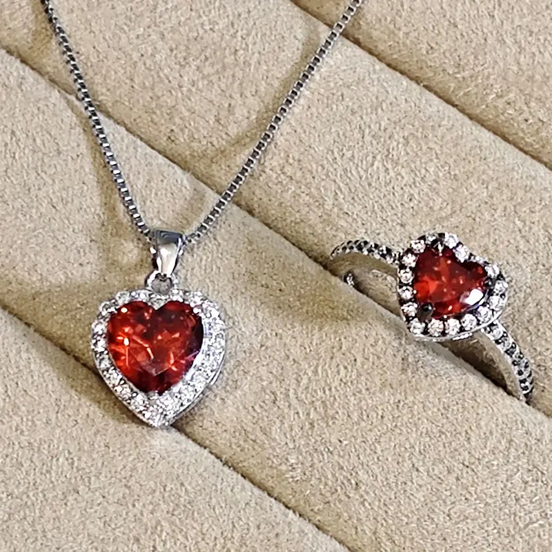 UMCHO 925 Sterling Sliver Heart Shaped Garnet Jewelry Set for luxury Women Girlfriend Gift trend 2024