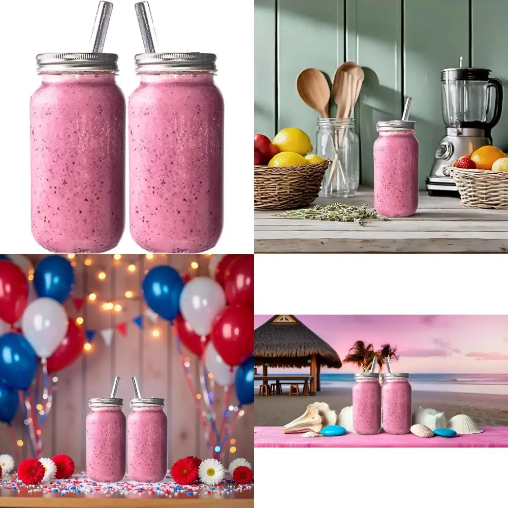 

reusable freezer safe smoothie cups with lids and straws - mason drinking jar (2- 24oz)