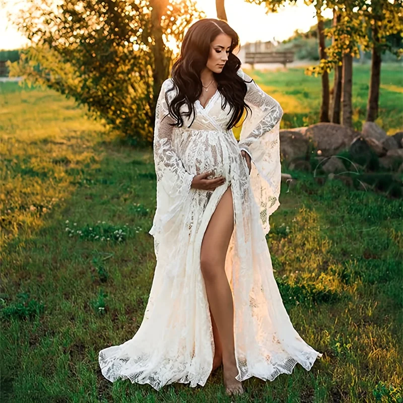 

Bohemian Style Maternity V-Neck High-Waisted Dress Floor-Length Photo Prop