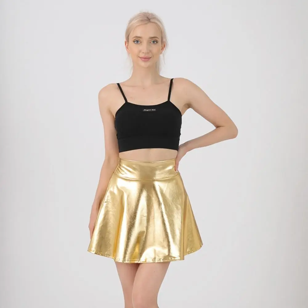 

Fashion Elegant Metallic Pleated Skirt Retro Gold Silver Shiny Short Dress Solid Color Elastic A-line Short Skirt Stage Costume