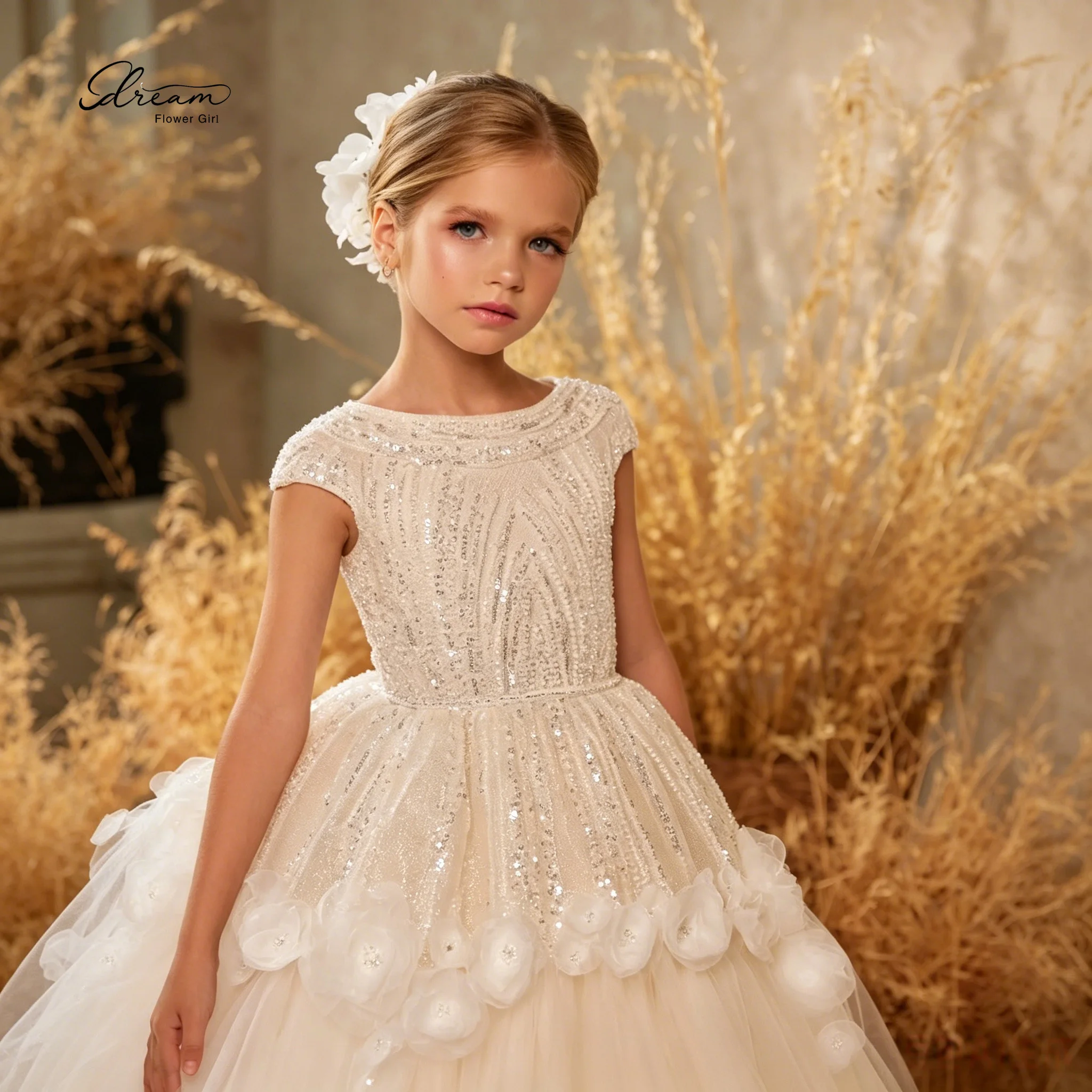 Elegant Ivory Floor-Length Ball Gown Princess-Style Formal Children's Dress with Sequin Floral Design