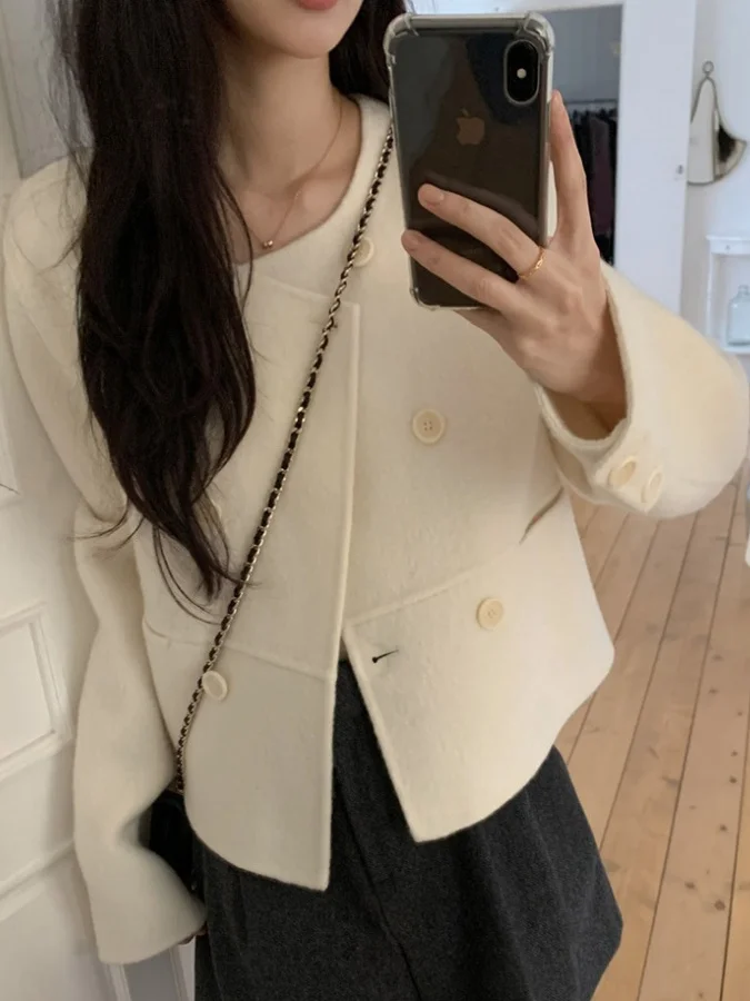 Ele ort Woolen Coat Chic Retro round Ne Double Button Women's Faion Outerwear Commute Sle Long Sve  Color