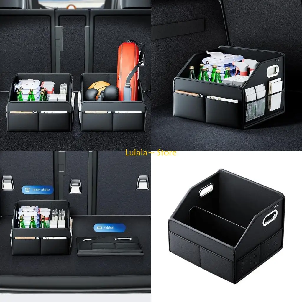 Y4QA Automotive Storage Container PU Leather Multiple Compartments Removable Dividers Collapsible Car Box