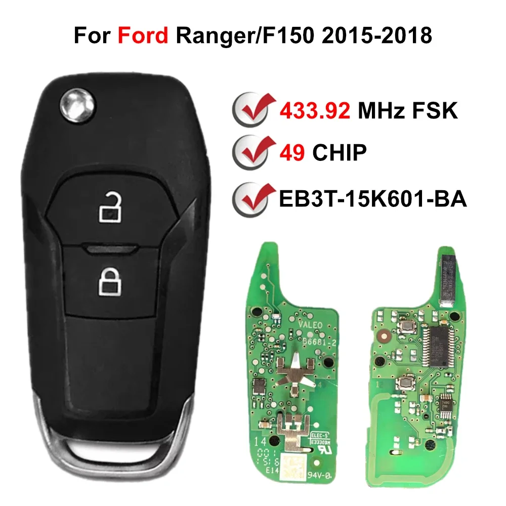 2 Buttons EB3T-15K601-BA 433MHz ID49 Chip Flip Remote Car Key For Ford Ranger/F150 2015-2018