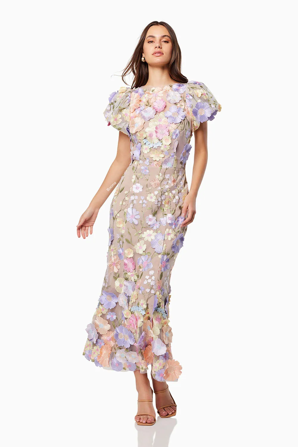 Booma elegante Midi Ballkleider kurze Ärmel 3d Blumen Meerjungfrau Abendkleid für Frauen knöchel lange formelle Anlass Kleider