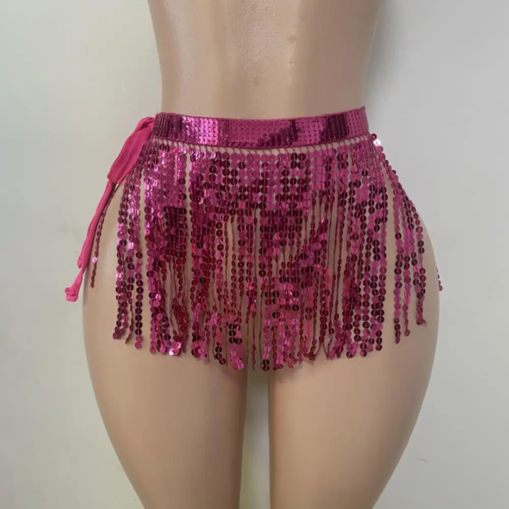 2026 Sequin Tassel Skirt Wrap Belly Dance Sparkling Mini Skirt Fringe Hip Scarf for Rave Festival Outfit Performance Costume