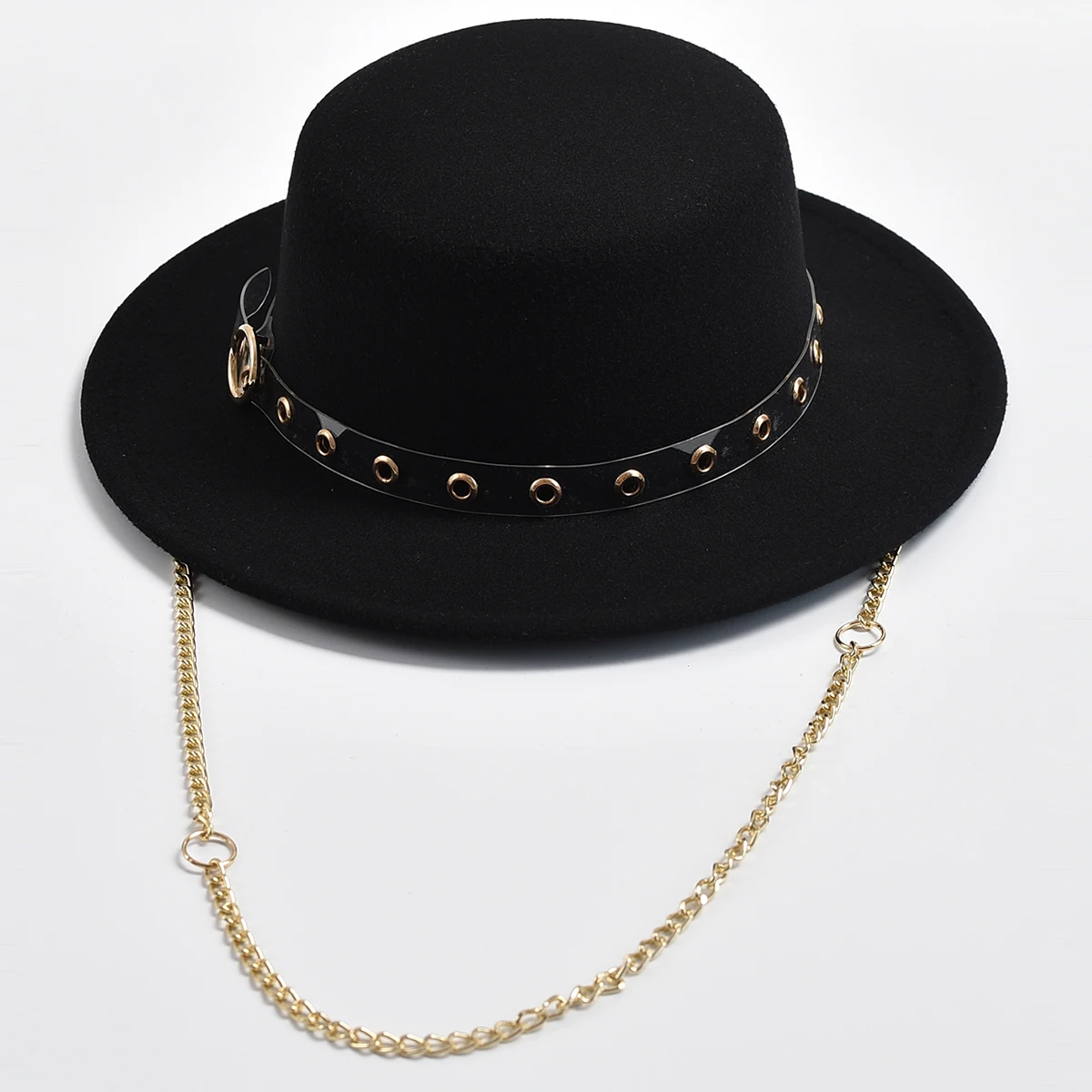 New Flat Top Fedora Hat for Women Metal Chain Decor Felt Jazz Hats Autumn Winter Elegant Wedding Party Hat Chapeau Femme