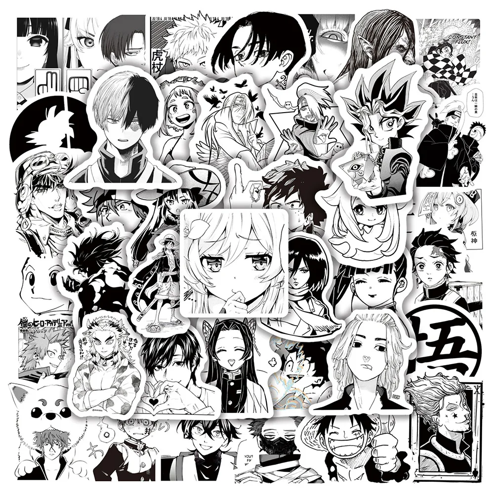 

10/30/50/100pcs Cool Black White Mixed Anime Stickers HUNTER×HUNTER Jujutsu Kaisen Sticker Laptop Phone Skateboard Manga Decals