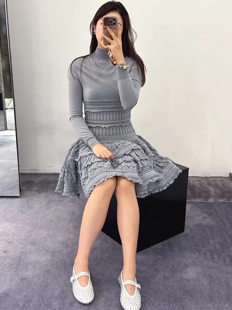 Women's slim-fit stretch wool dress—a stylish, sophisticated long-sleeve high-neck knit dress, new for Autumn 2026.