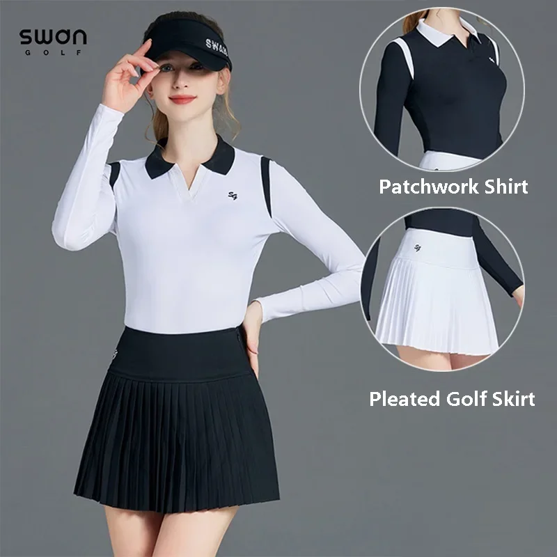 SG Summer Woman Breathable Ice Silk Golf Shirt V-neck Sunscreen Sport T-shirt High Waist Pleated Skirt Slim Fast Dry Tennis Wear