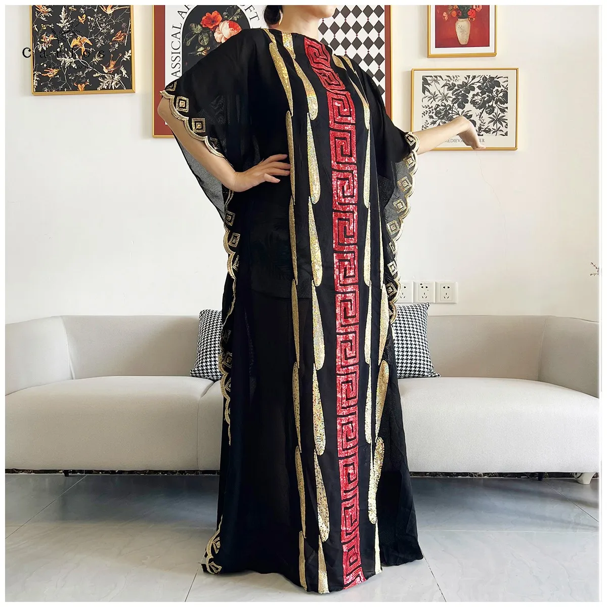 2024 New Women Muslim Sequin Embroidery Long Black Lady Clothes Fashion New Arrival African Embroidery Flower Dresse With Scarf