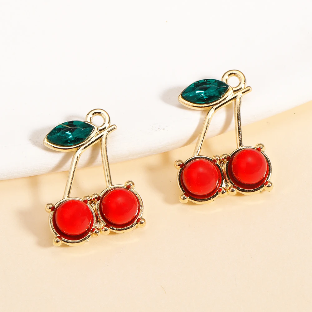 10Pcs Gold Color Alloy Charms Enamel Red Cherry Fruit Pendant Jewelry Wholesale DIY Finding Handmade Fashion Jewelry Accessorie