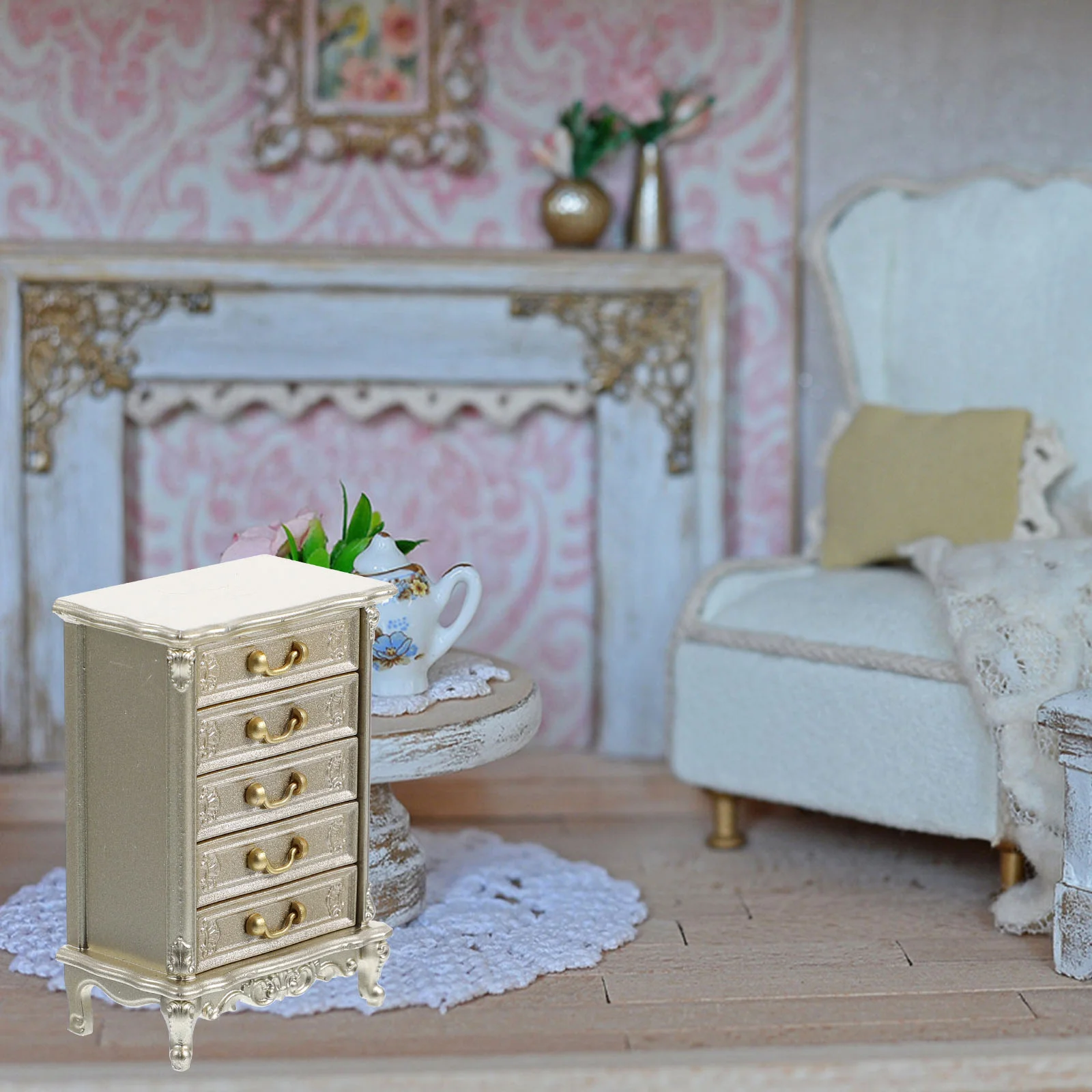 Vintage Furniture House Mini Bedside Table Miniature Model Simulation Nightstand Chest of Drawers