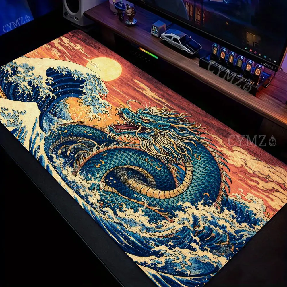 

Коврик для мыши в стиле ретро с волнами и драконами, игровой коврик, нескользящий коврик для мыши, аксессуары для ПК, офисный коврик для мыши, настольный коврик