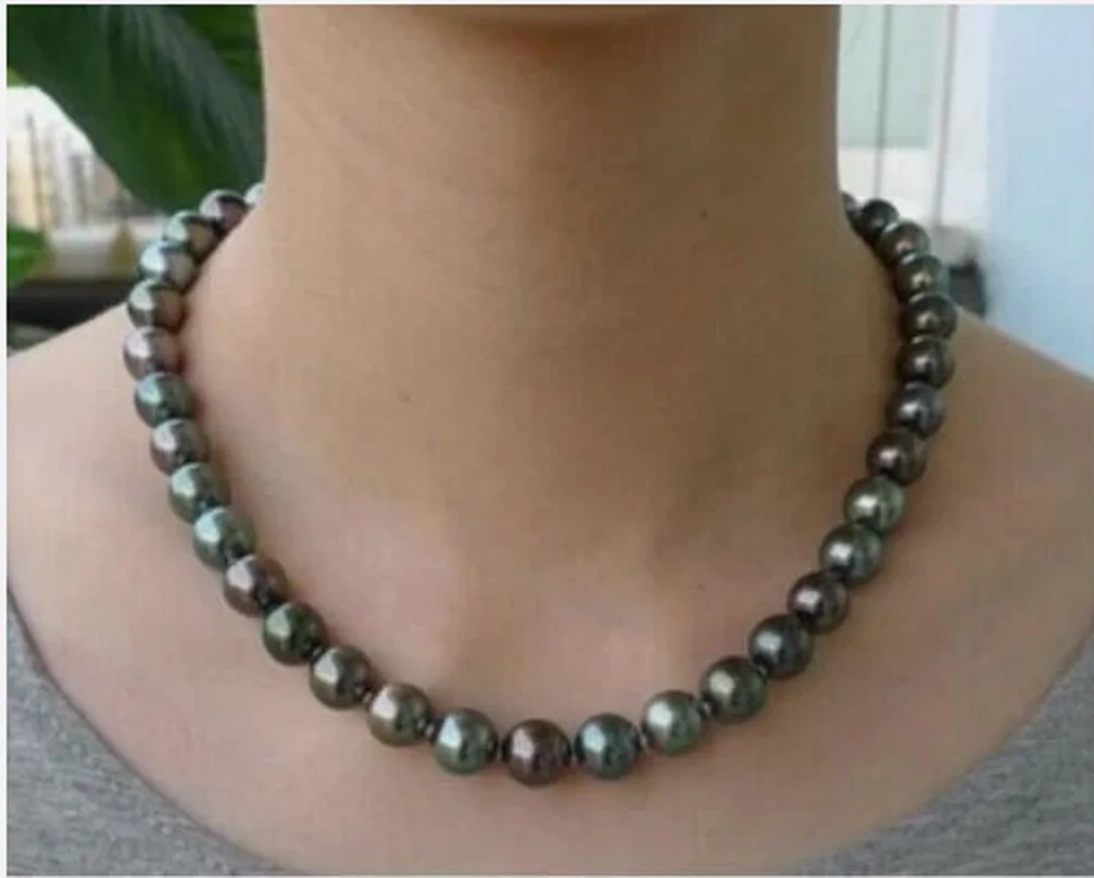 

stunning AAA 10-11 mm Round black green Tahitian pearl necklace 14K CLASP
