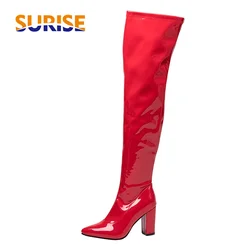 Women Red Patent Leather Thigh High Boots Block Heel White Dance Club Lady Winter Pointed Toe Zipper Sexy Riding Over Knee Boots