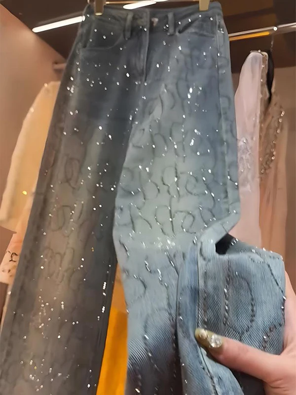 

Синие широкие джинсы с высокой талией и бриллиантами, женские джинсы премиум-класса Ele Personali, осеннее новое поступление, для поездок на работу