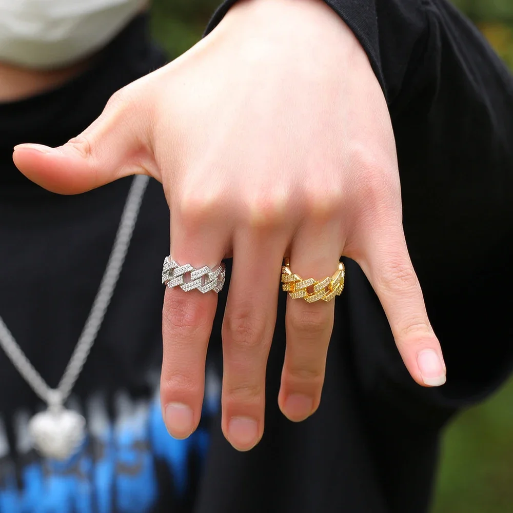 Anillos de moissanita completos de lujo para hombres y mujeres, anillo de cadena cubana de diamante de doble fila, joyería fina de Hip Hop de plata